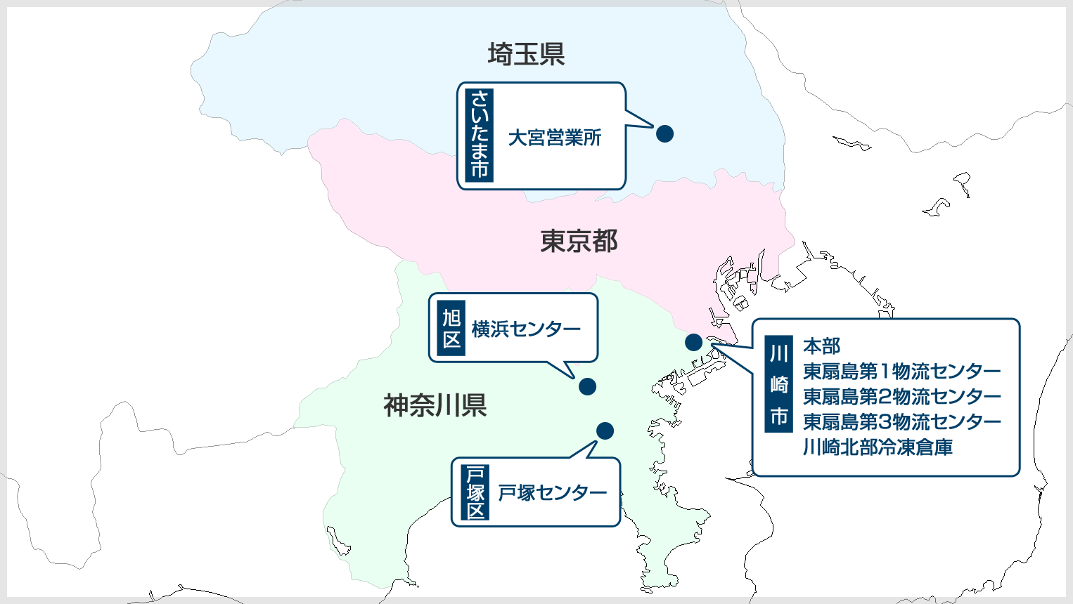 埼玉県 さいたま市 大宮営業所　神奈川県 旭区 横浜センター 戸塚区 戸塚センター 川崎市 本部 東扇島第1物流センター 東扇島第2物流センター 東扇島第3物流センター 川崎北部冷凍倉庫